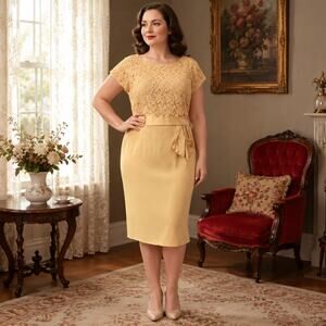 60s Renmor Gold Lace Wiggle Cocktail Dress Satin Waist Wedding Guest - L